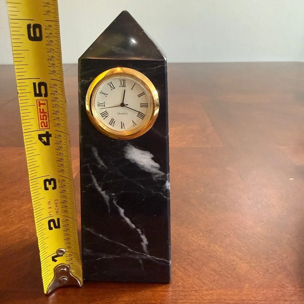 Vintage Black Marble Obelisk Desk Clock Roman Numeral Quartz Pakistan 6 Inch